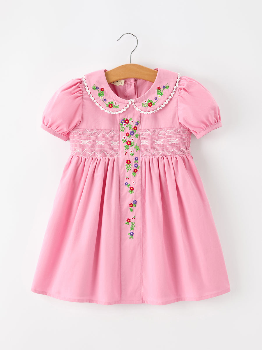 Fall Girls Pink Floral Embroidered Smocked Peter Pan Collar Dress