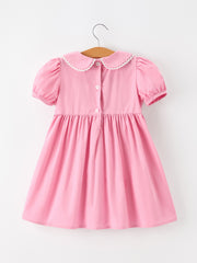 Fall Girls Pink Floral Embroidered Smocked Peter Pan Collar Dress