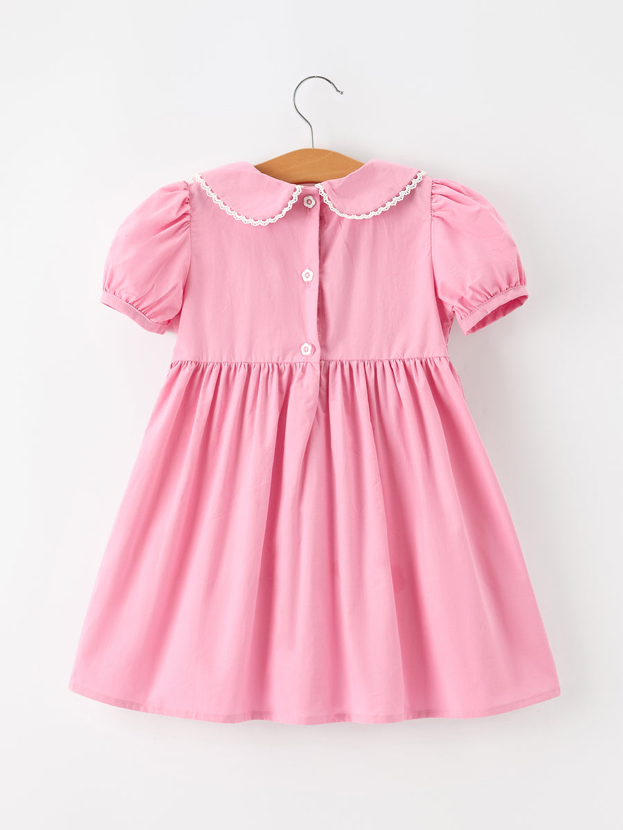 Fall Girls Pink Floral Embroidered Smocked Peter Pan Collar Dress