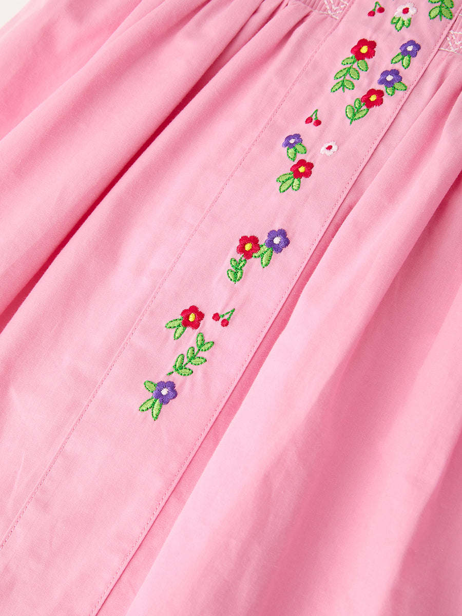 Fall Girls Pink Floral Embroidered Smocked Peter Pan Collar Dress
