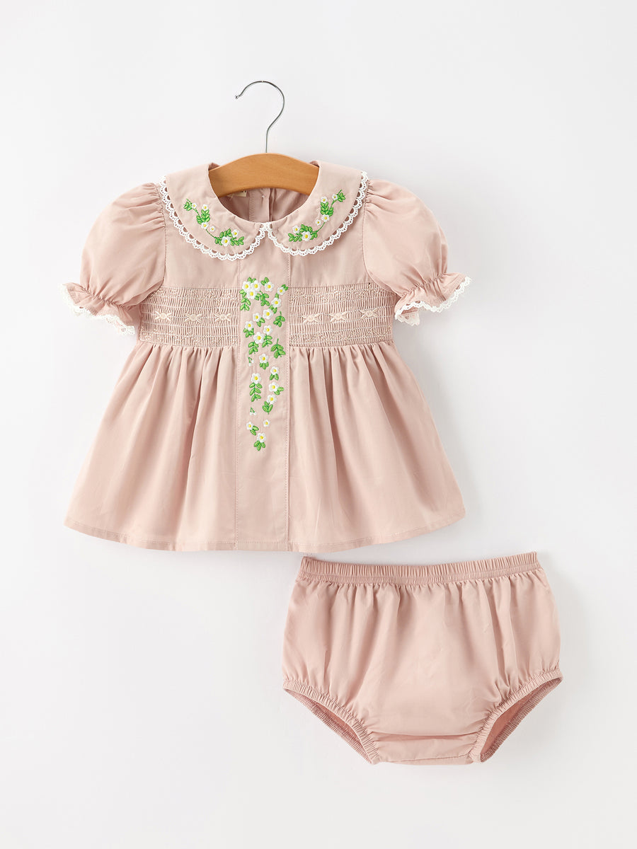 Girls FALL Floral Embroidered Smocked Bloomer Set