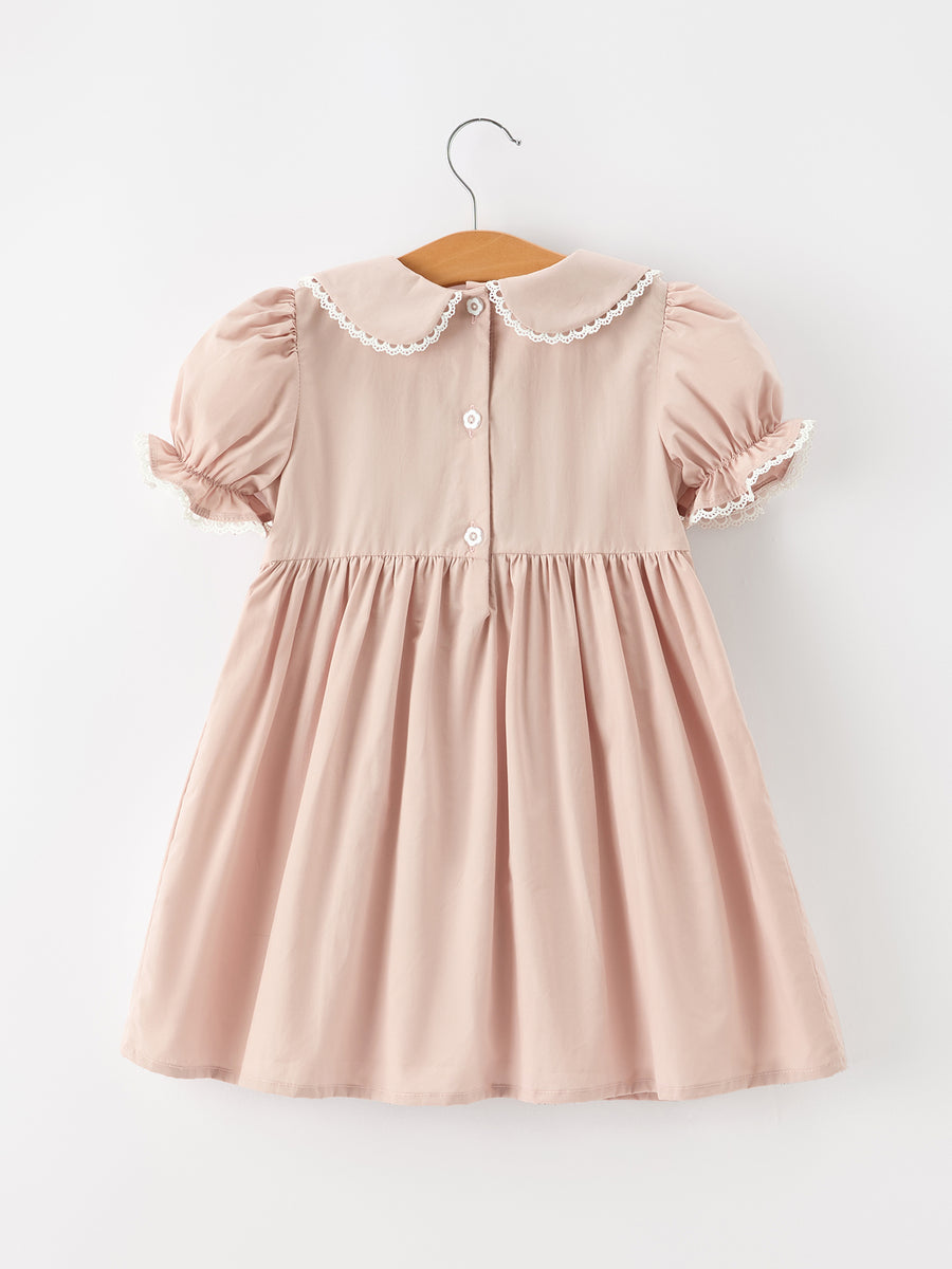 Fall Girls Floral Embroidered Smocked Peter Pan Collar Dress