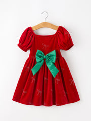 Christmas Girls Red Velvet Rhinestone Bow Dress