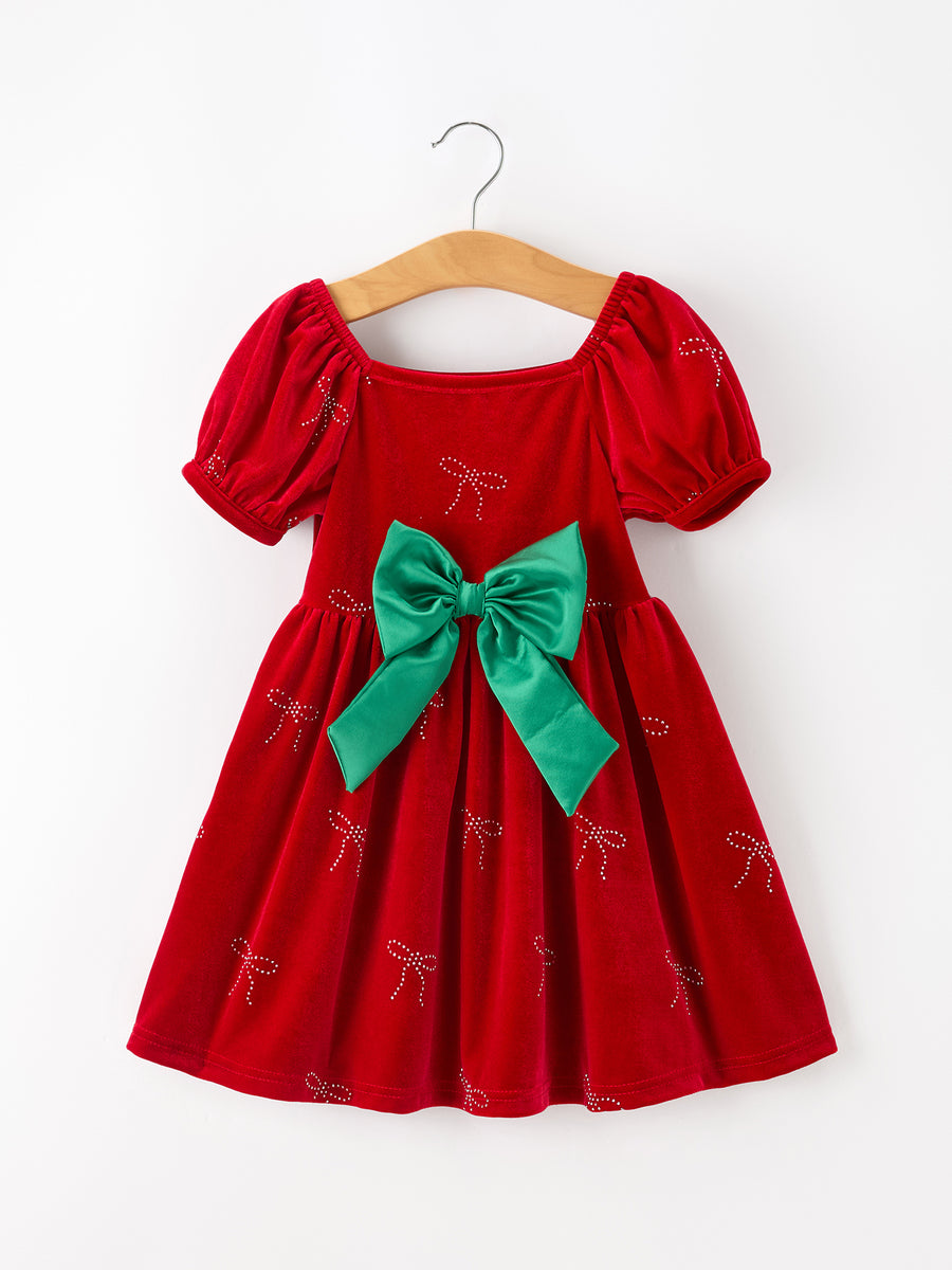 Christmas Girls Red Velvet Rhinestone Bow Dress