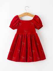 Christmas Girls Red Velvet Rhinestone Bow Dress