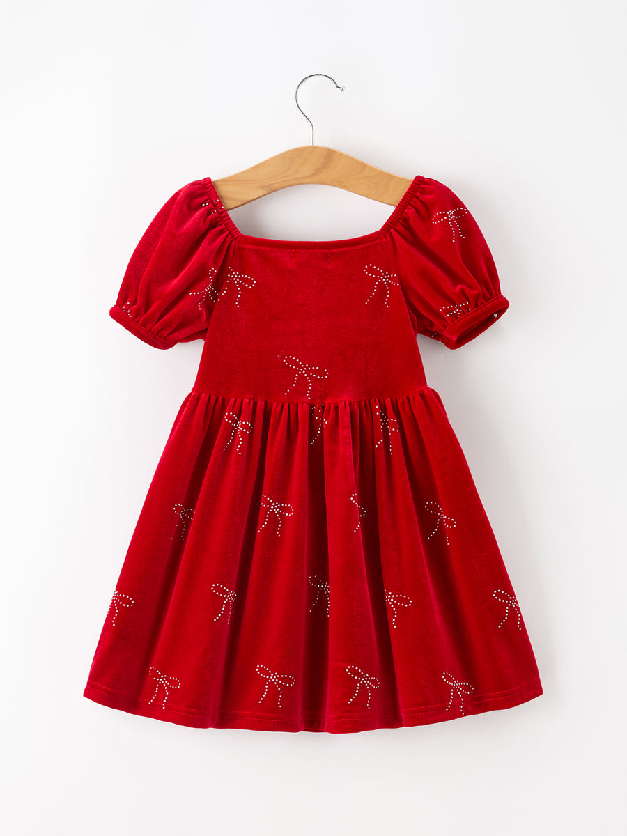 Christmas Girls Red Velvet Rhinestone Bow Dress