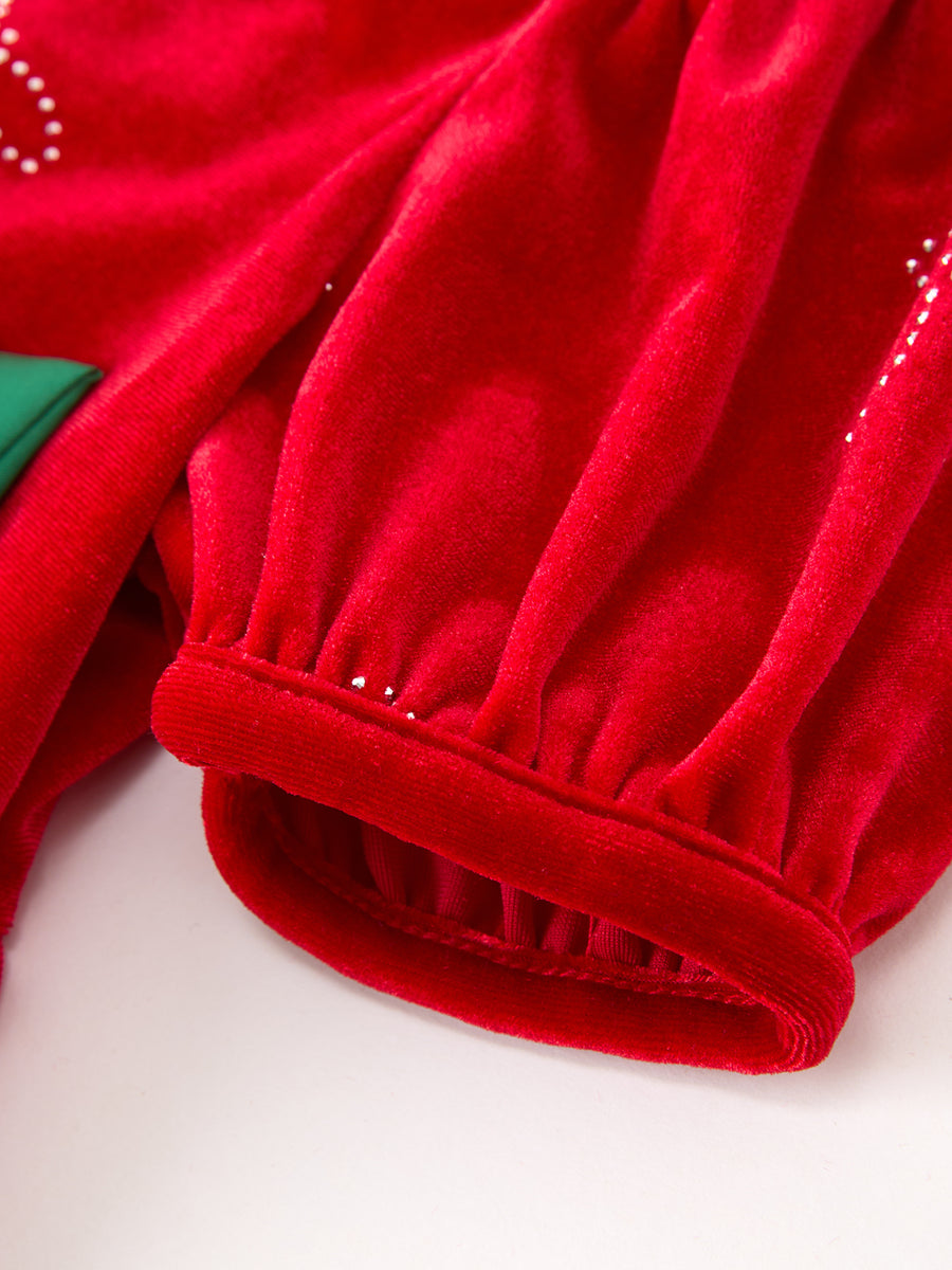 Christmas Girls Red Velvet Rhinestone Bow Dress