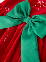 Christmas Girls Red Velvet Rhinestone Bow Dress