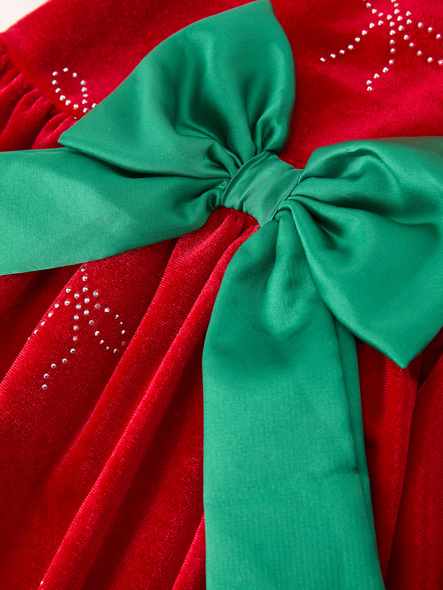 Christmas Girls Red Velvet Rhinestone Bow Dress