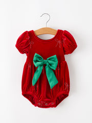 Baby Girls Christmas Red Velvet Rhinestone Bow Bubble Romper