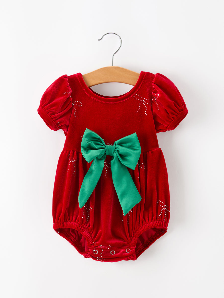 Baby Girls Christmas Red Velvet Rhinestone Bow Bubble Romper