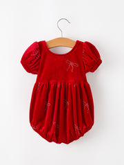 Baby Girls Christmas Red Velvet Rhinestone Bow Bubble Romper