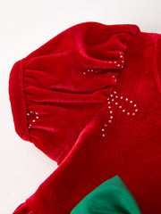 Baby Girls Christmas Red Velvet Rhinestone Bow Bubble Romper