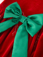 Baby Girls Christmas Red Velvet Rhinestone Bow Bubble Romper
