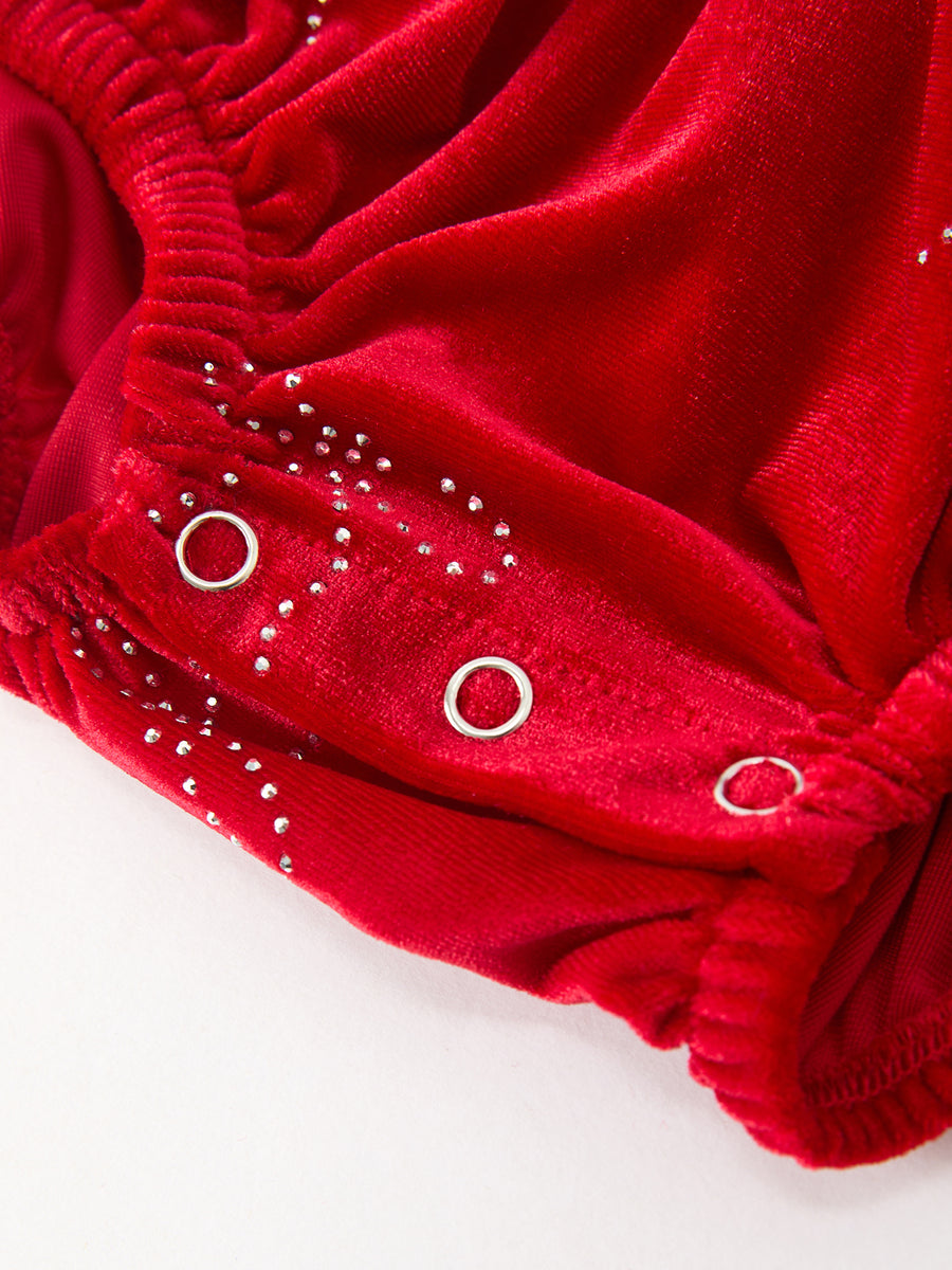 Baby Girls Christmas Red Velvet Rhinestone Bow Bubble Romper