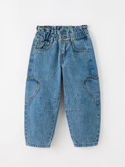 Girls Light Wash Heart Knee Barrel Jeans With Paperbag Waist