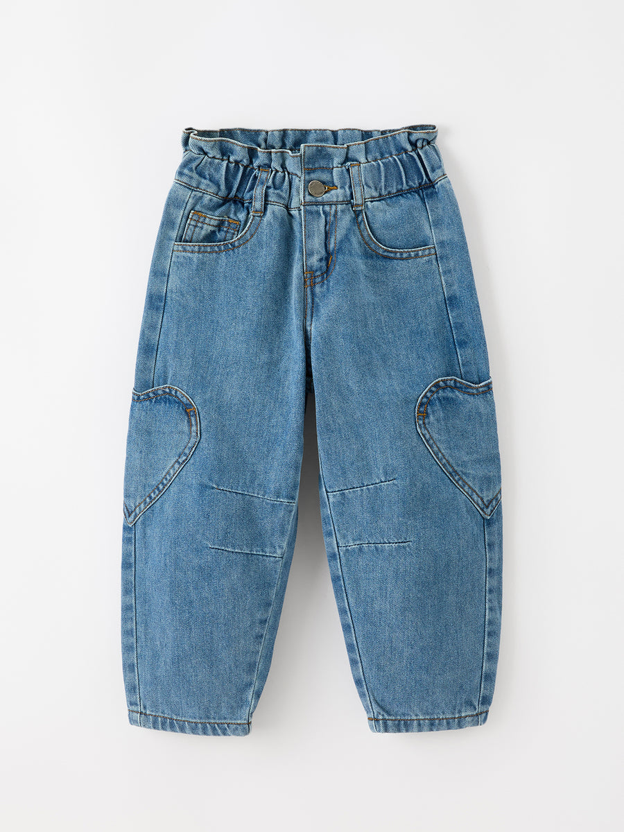 Girls Light Wash Heart Knee Barrel Jeans With Paperbag Waist