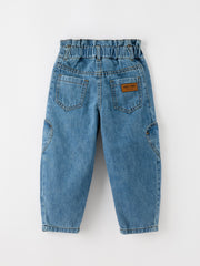 Girls Light Wash Heart Knee Barrel Jeans With Paperbag Waist