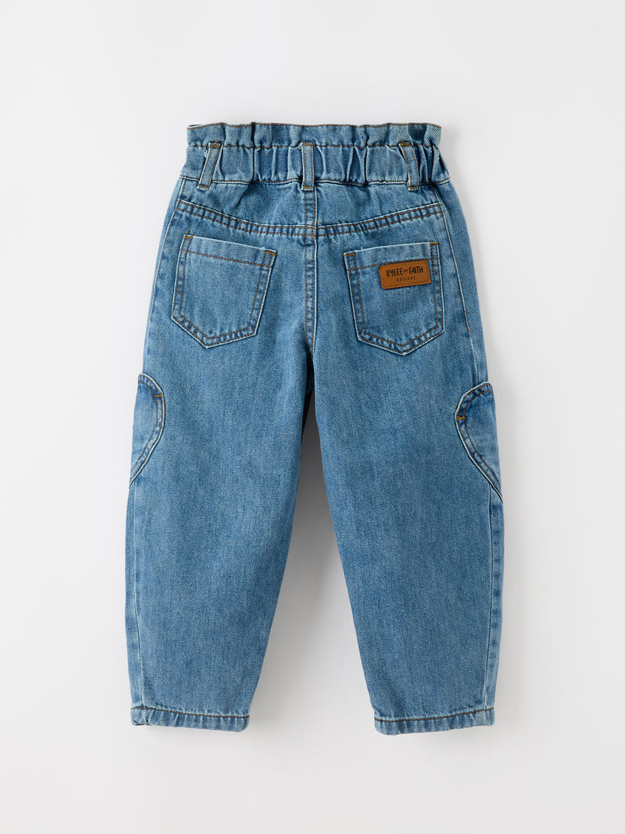 Girls Light Wash Heart Knee Barrel Jeans With Paperbag Waist