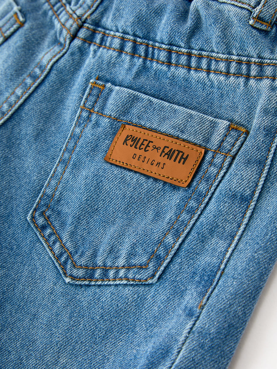 Girls Light Wash Heart Knee Barrel Jeans With Paperbag Waist