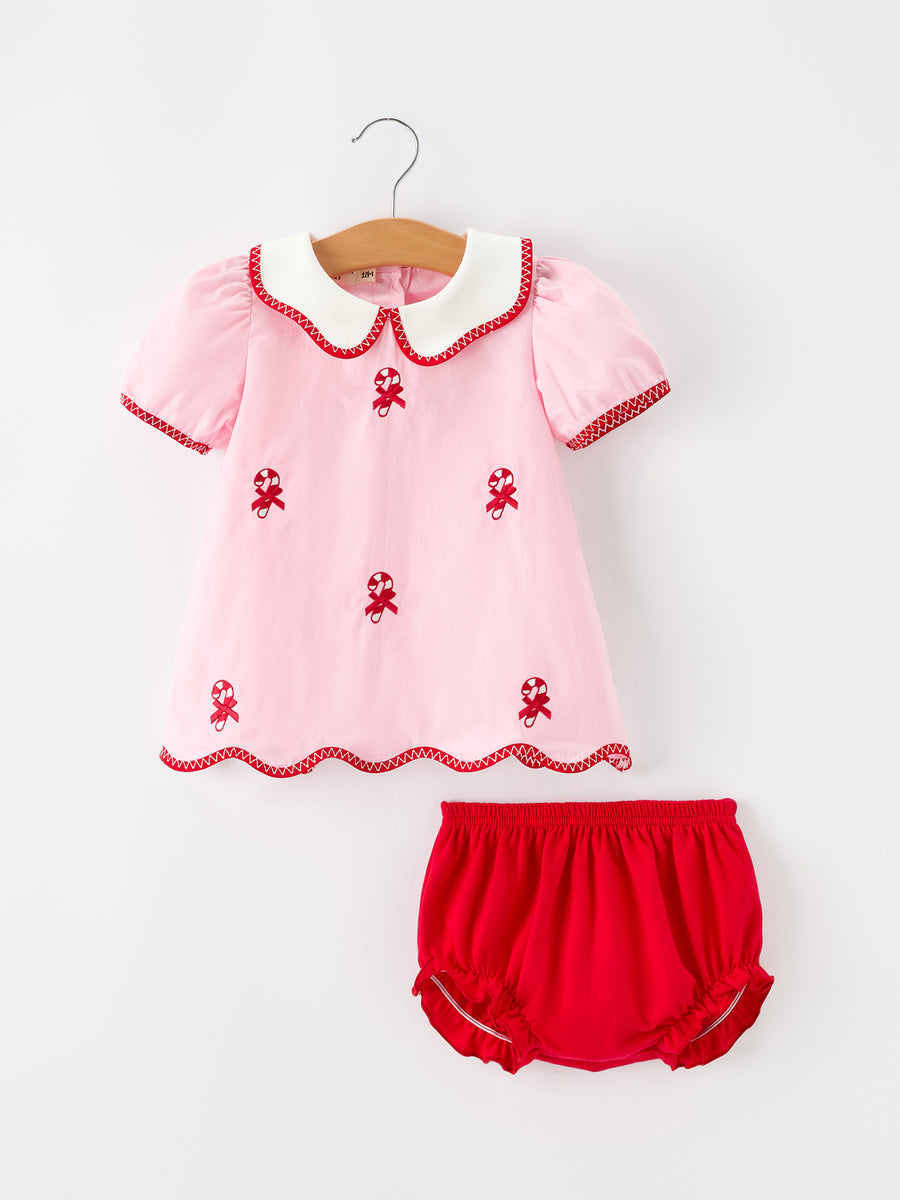 Christmas Girls Candy Cane Embroidered Top & Red Bloomer Set