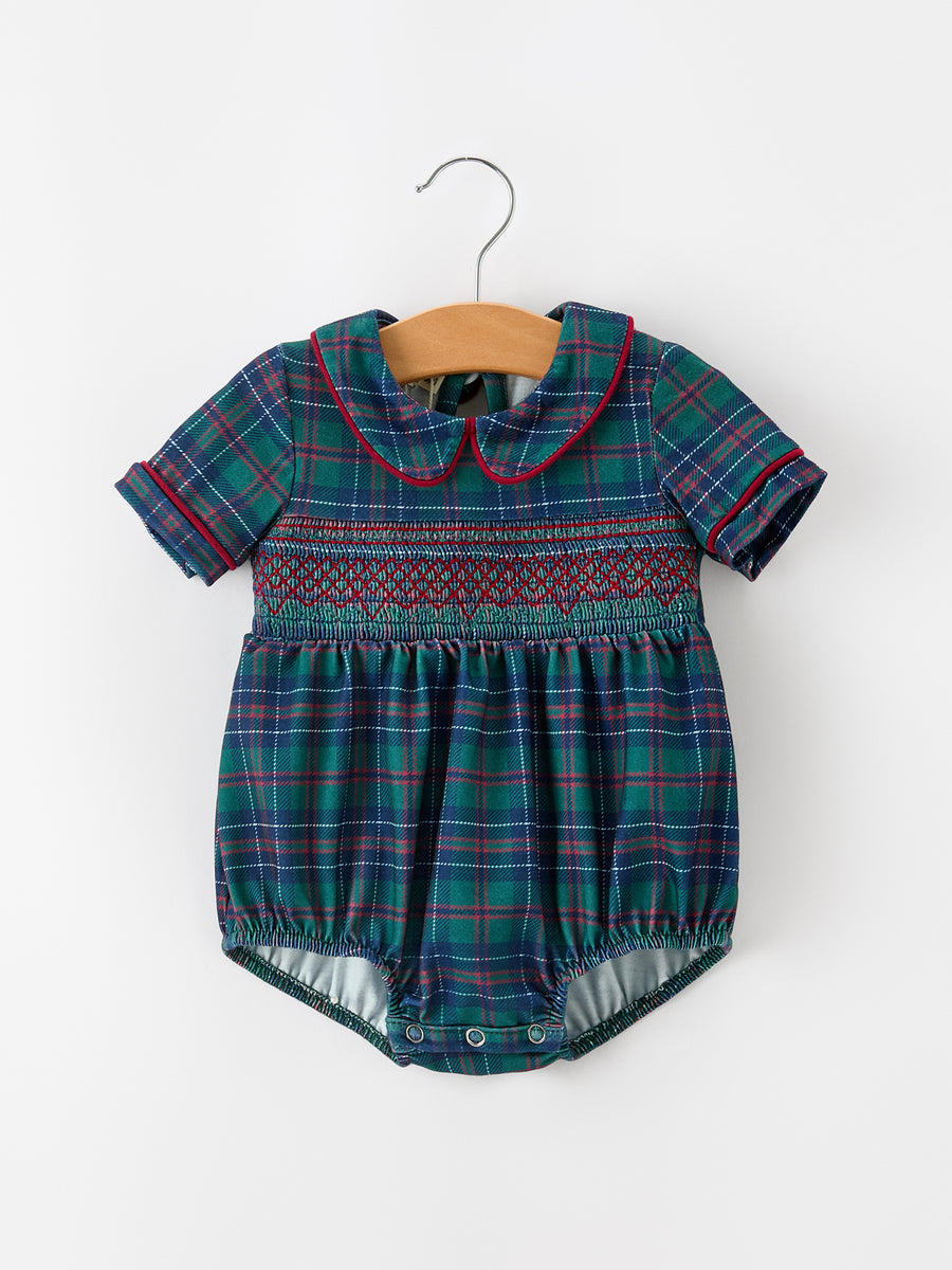 Christmas Baby Boys Plaid Smocked Peter Pan Collar Bubble Romper