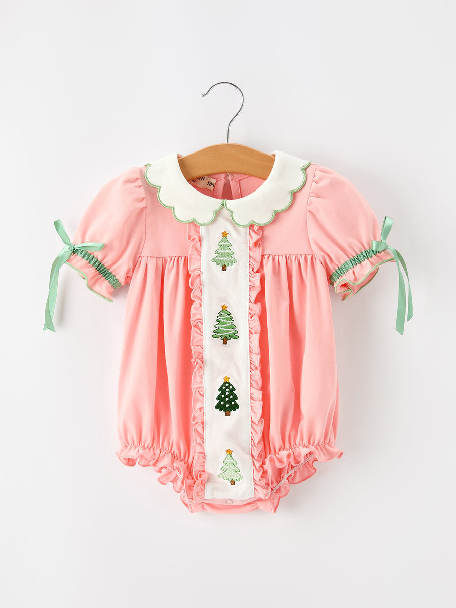 Christmas Baby Girls Pink Christmas Tree Embroidered Ruffle Romper