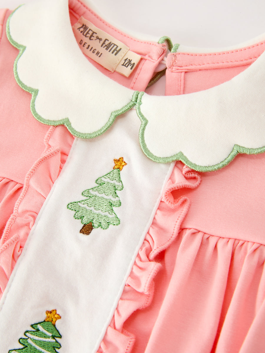 Christmas Baby Girls Pink Christmas Tree Embroidered Ruffle Romper