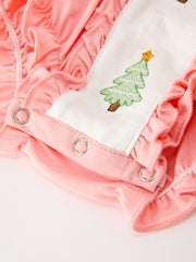 Christmas Baby Girls Pink Christmas Tree Embroidered Ruffle Romper