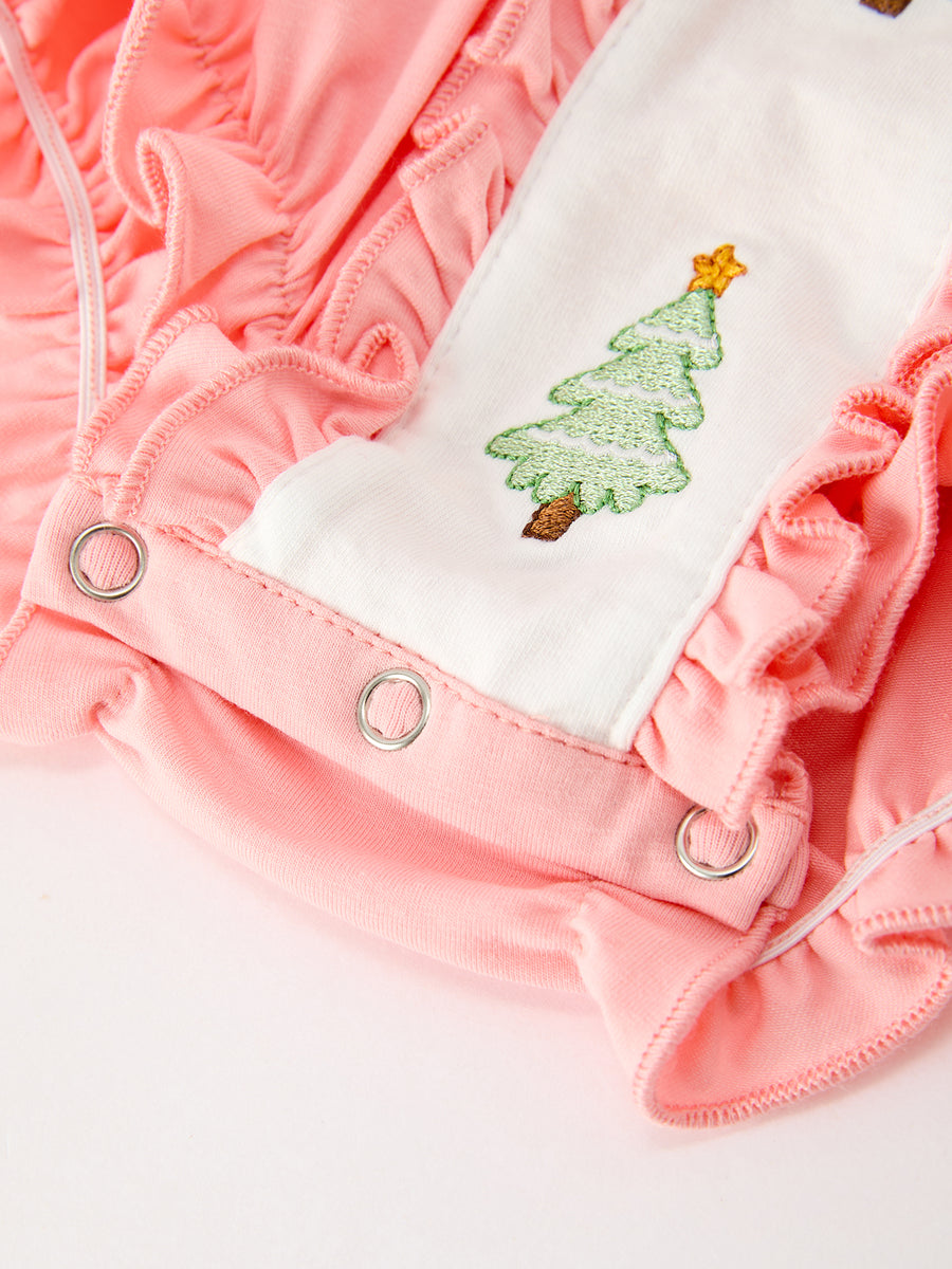 Christmas Baby Girls Pink Christmas Tree Embroidered Ruffle Romper