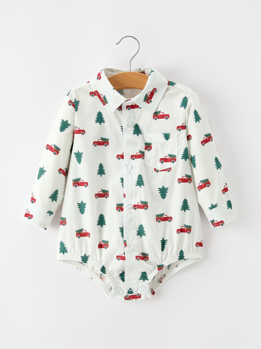 Christmas Baby Boys Christmas Tree Truck Print Long Sleeve Shirt Romper