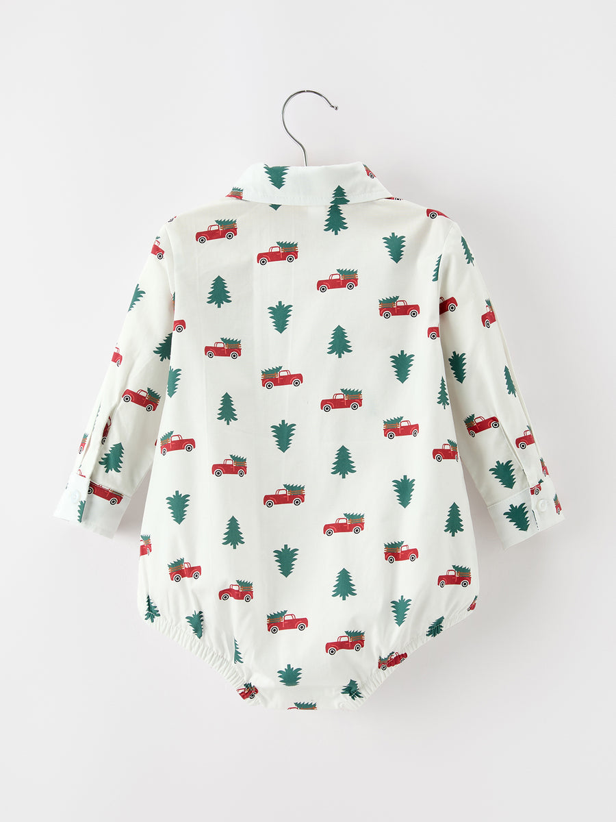 Christmas Baby Boys Christmas Tree Truck Print Long Sleeve Shirt Romper