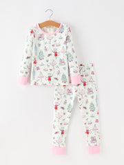 Christmas Girls Ballet Holiday Print Long Sleeves Pajama Set