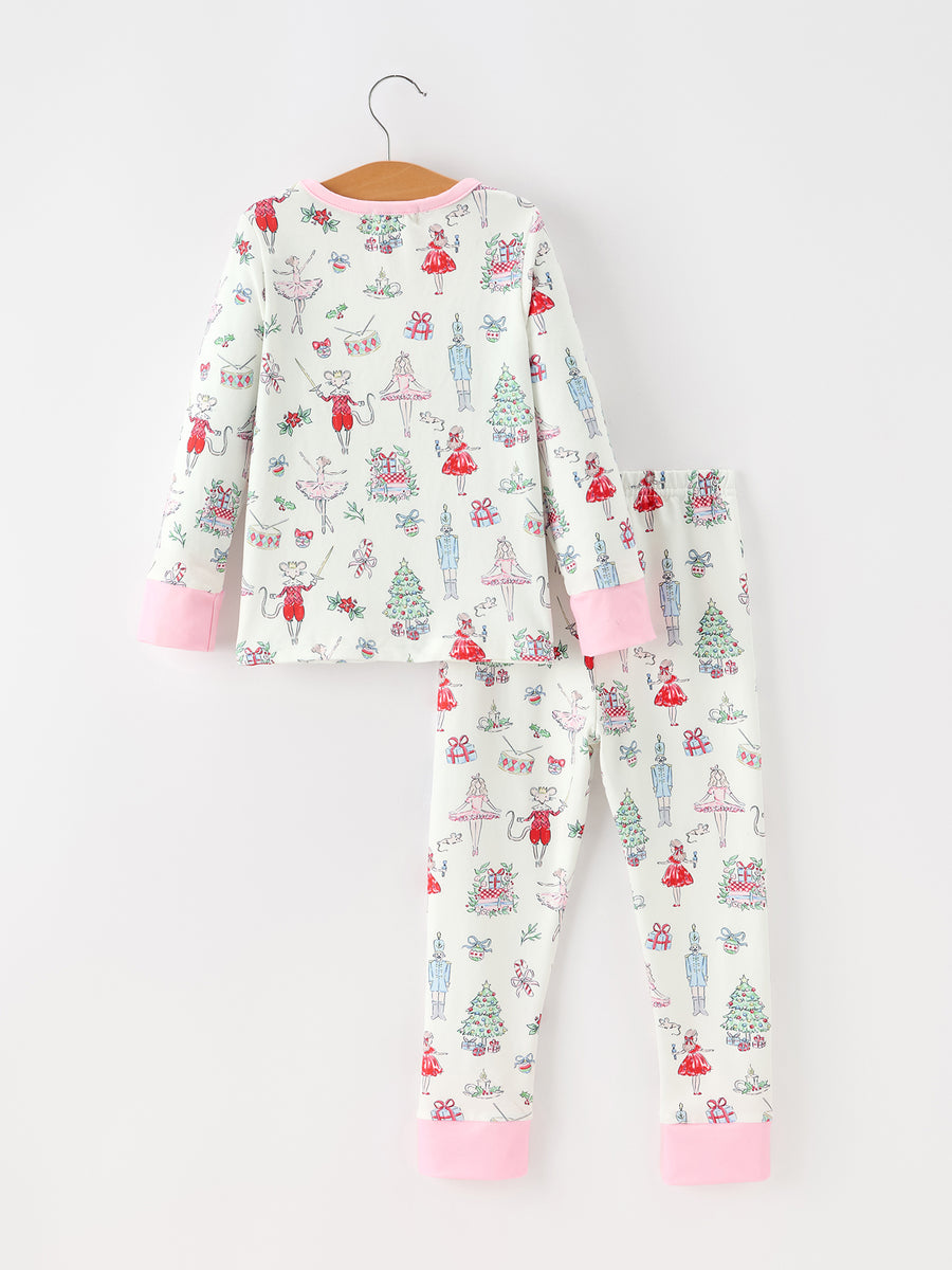 Christmas Girls Ballet Holiday Print Long Sleeves Pajama Set