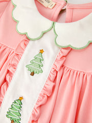 Christmas Girls Pink Christmas Tree Embroidered Ruffle Dress