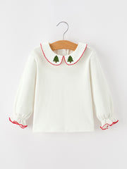 Girls Christmas Tree Embroidered Cotton Top & Corduroy Romper Set
