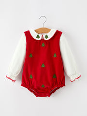 Girls Christmas Tree Embroidered Cotton Top & Corduroy Romper Set