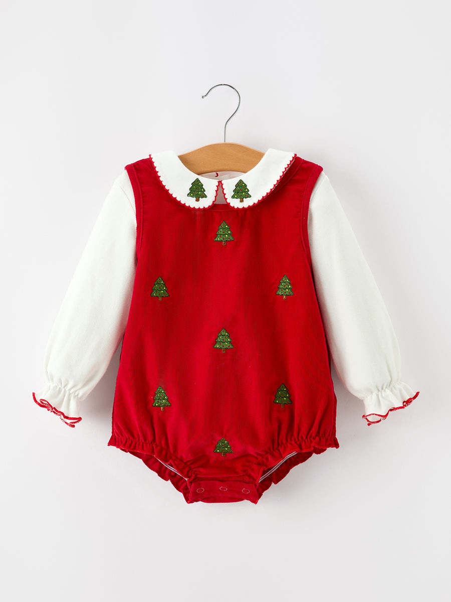 Girls Christmas Tree Embroidered Cotton Top & Corduroy Romper Set