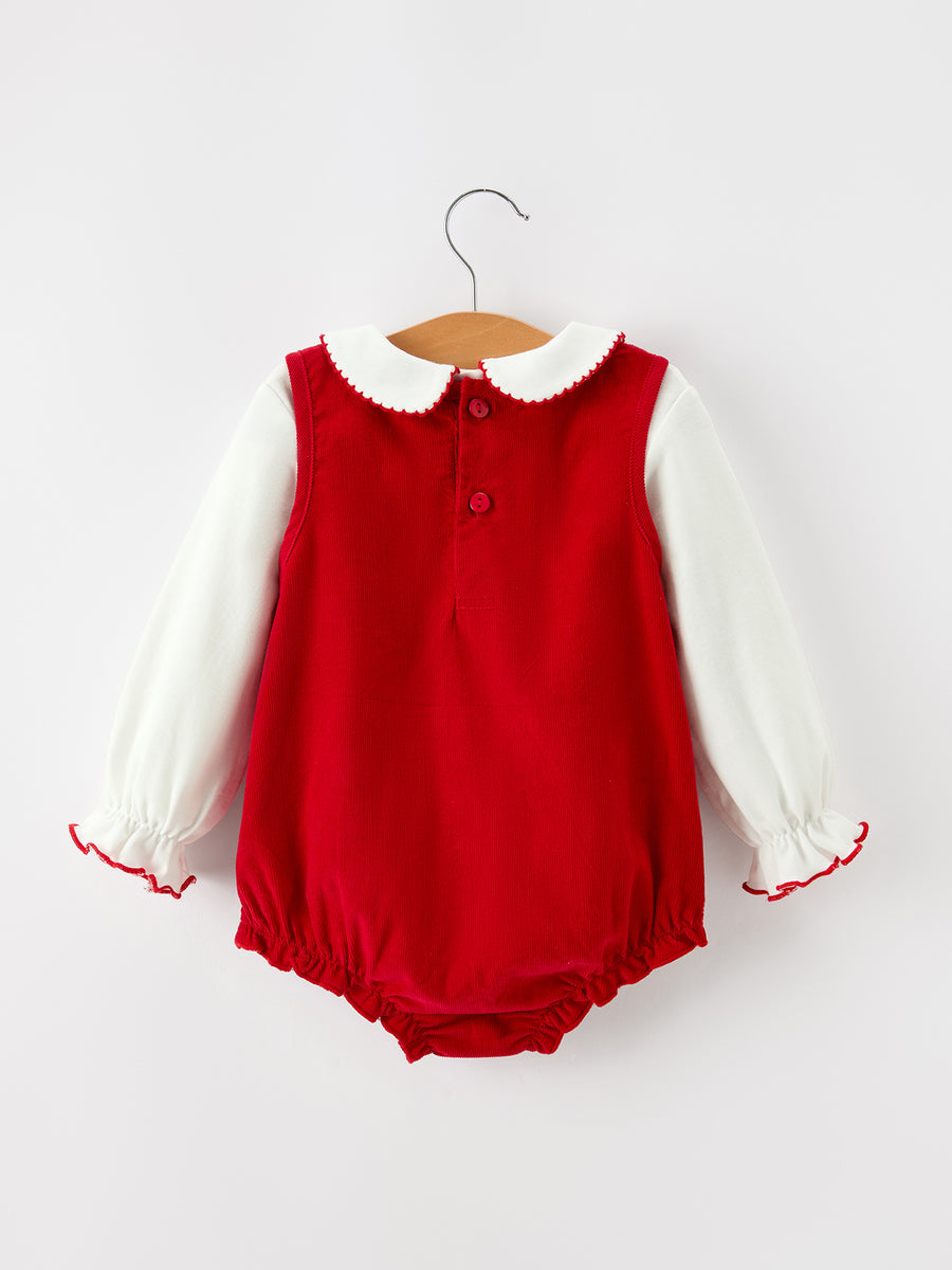 Girls Christmas Tree Embroidered Cotton Top & Corduroy Romper Set