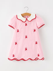 Christmas Girls Pink Candy Cane Embroidered Peter Pan Collar Dress