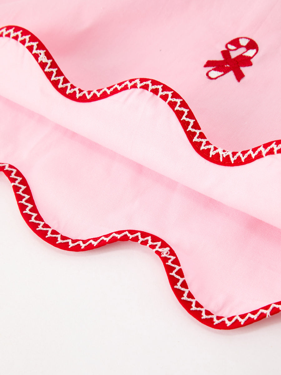 Christmas Girls Pink Candy Cane Embroidered Peter Pan Collar Dress
