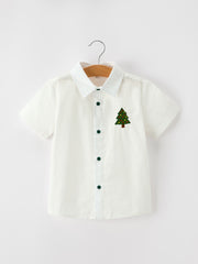 Boys Christmas Tree Embroidered White Short Sleeve Button Down Shirt
