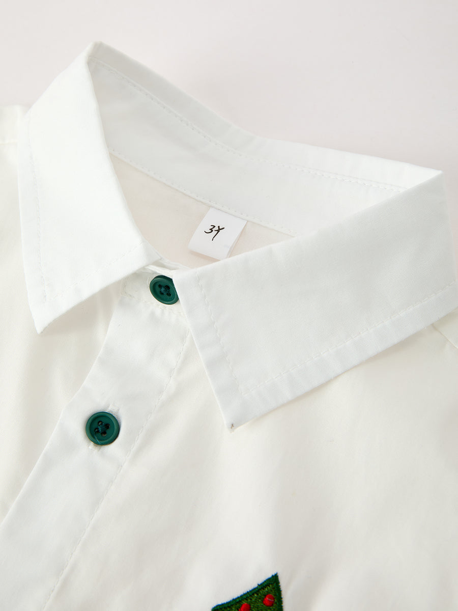 Boys Christmas Tree Embroidered White Short Sleeve Button Down Shirt