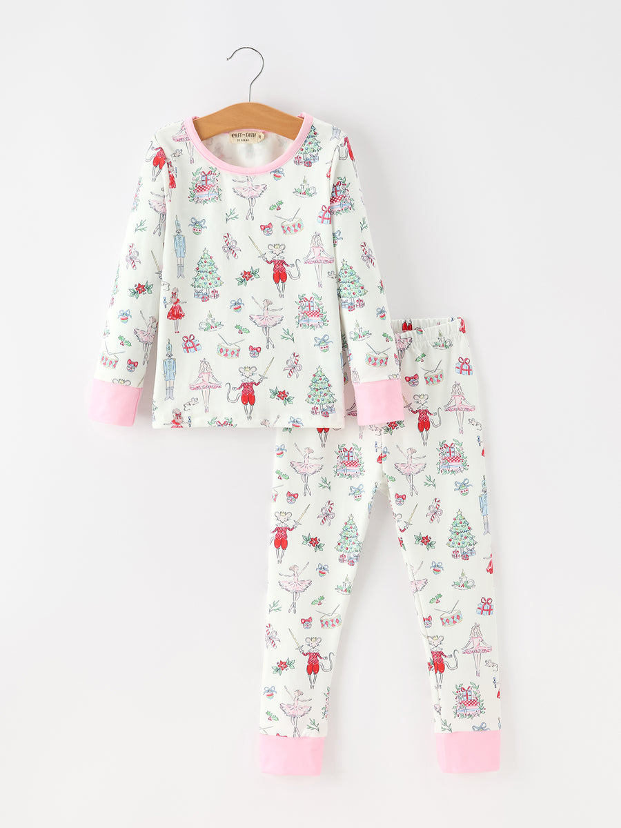 Christmas Girls Ballet Holiday Print Long Sleeves Pajama Set