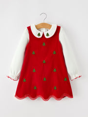 Girls Christmas Tree Embroidered Corduroy Dress & Cotton Top Set