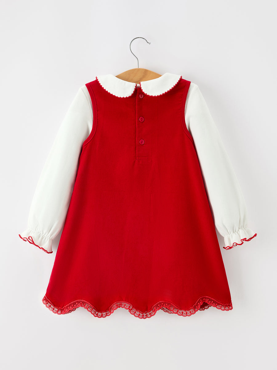 Girls Christmas Tree Embroidered Corduroy Dress & Cotton Top Set