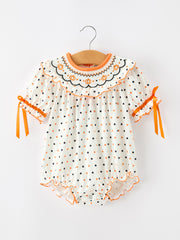 Halloween Pumpkin Smocked Baby Girl Bubble Romper Polka Dot Ruffle