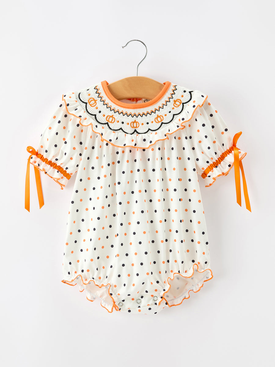 Halloween Pumpkin Smocked Baby Girl Bubble Romper Polka Dot Ruffle