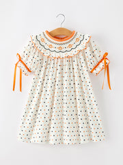 Halloween Pumpkin Smocked Girls Dress Polka Dot Ruffle Sleeve