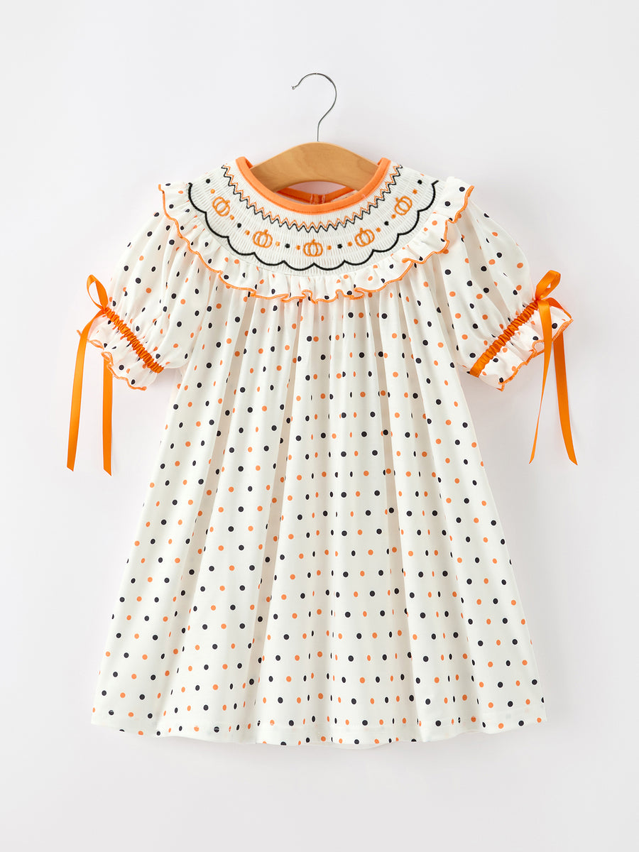 Halloween Pumpkin Smocked Girls Dress Polka Dot Ruffle Sleeve